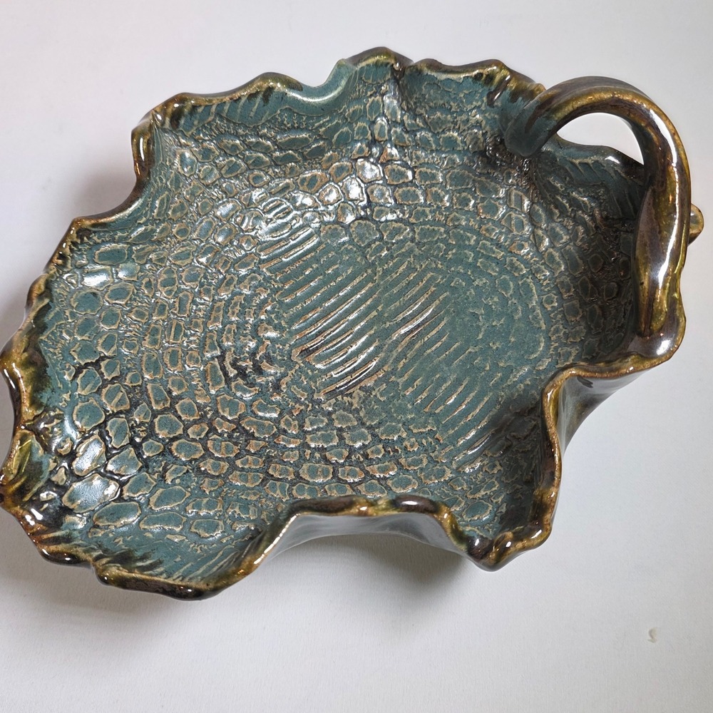 Handmade Studio Pottery Teal Brown Textured Pedestal Handle Bowl Artisan Signed - Picture 6 of 10